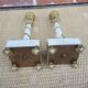 2 antique column candle holders in white marble and brass