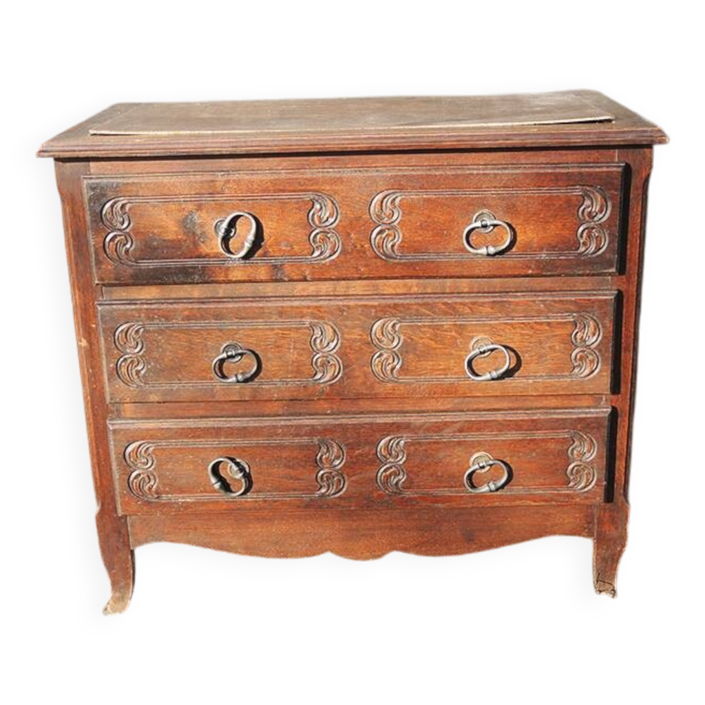Ancienne Commode Vintage 3 tiroirs Chêne Et Placage Bon Etat Général