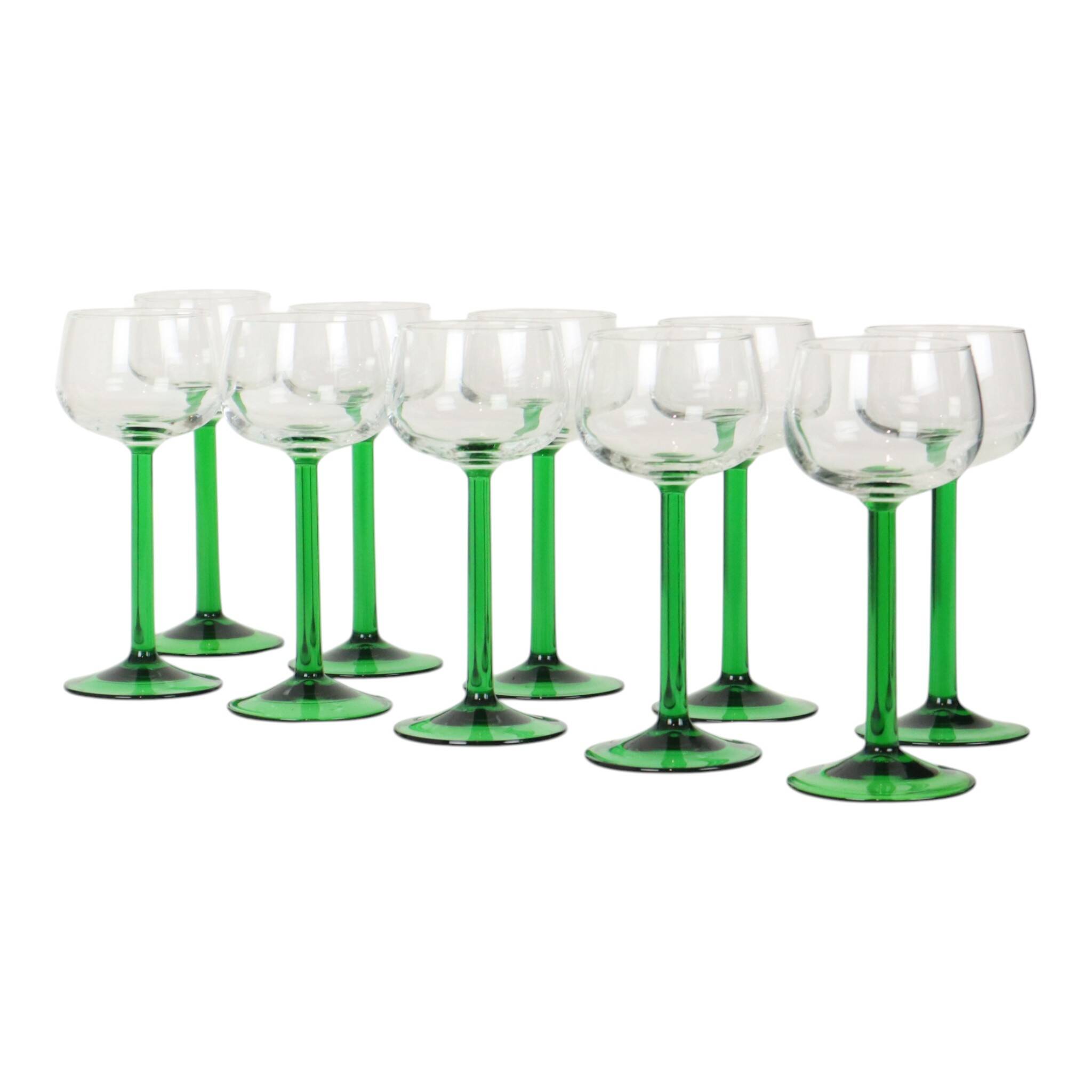 Set of 10 Vintage Luminarc Alsace Wine Glasses Thick Green Stems