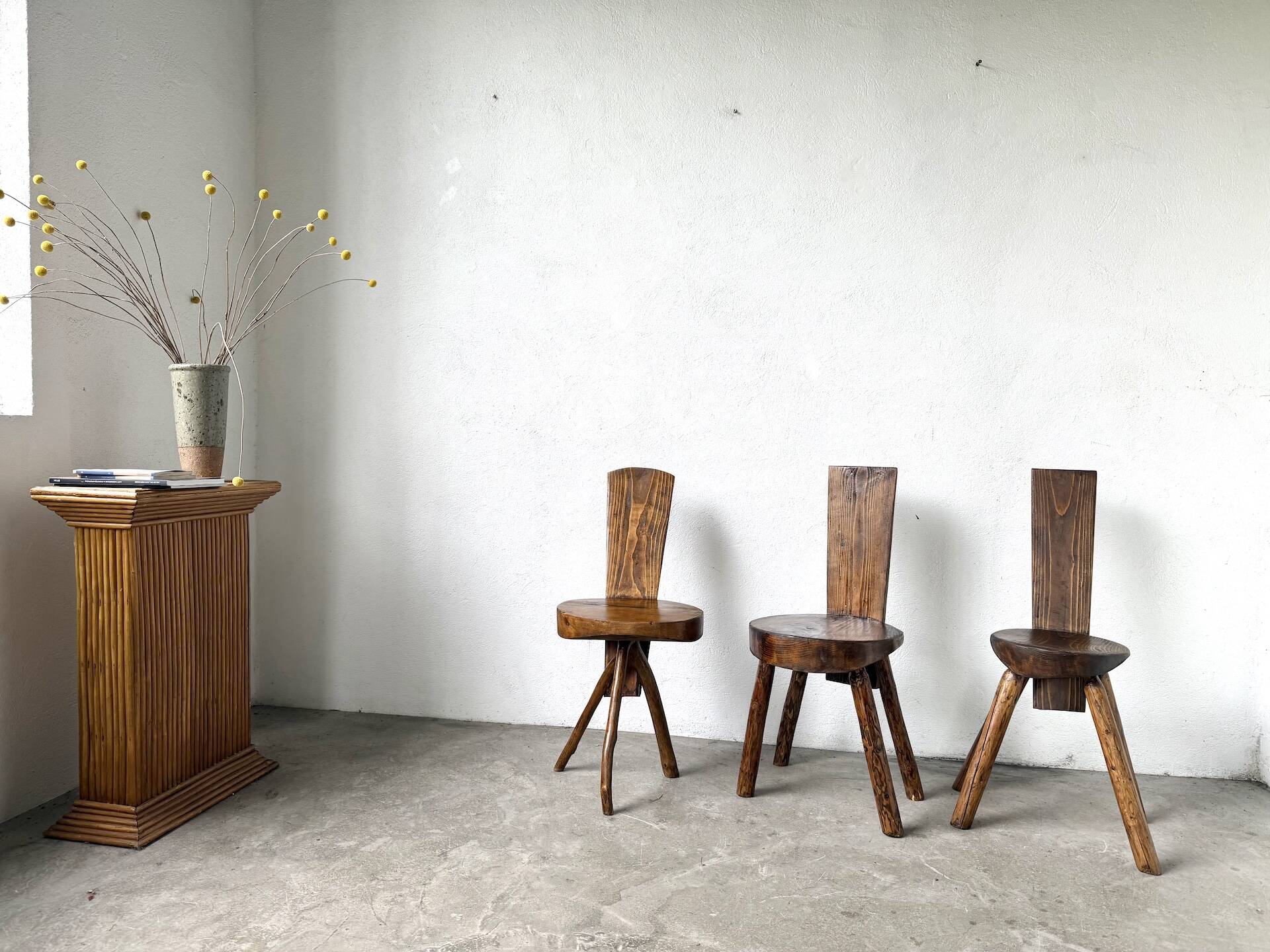 Set of three alpine chairs in solid pine, France, 1950s.