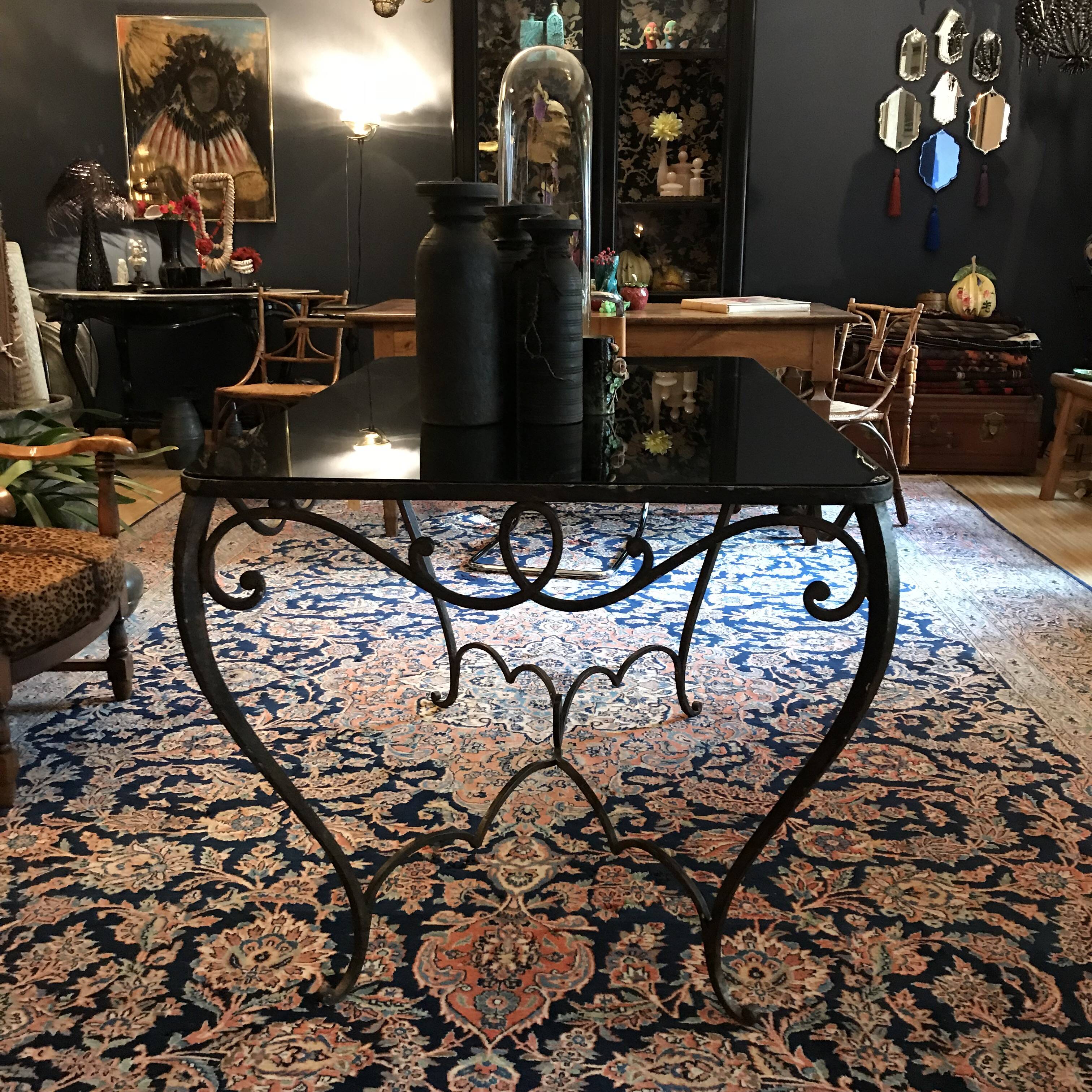 French Art Deco Wrought Iron Dining Table with Black Colored Glass, 1930s