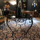 French Art Deco Wrought Iron Dining Table with Black Colored Glass, 1930s