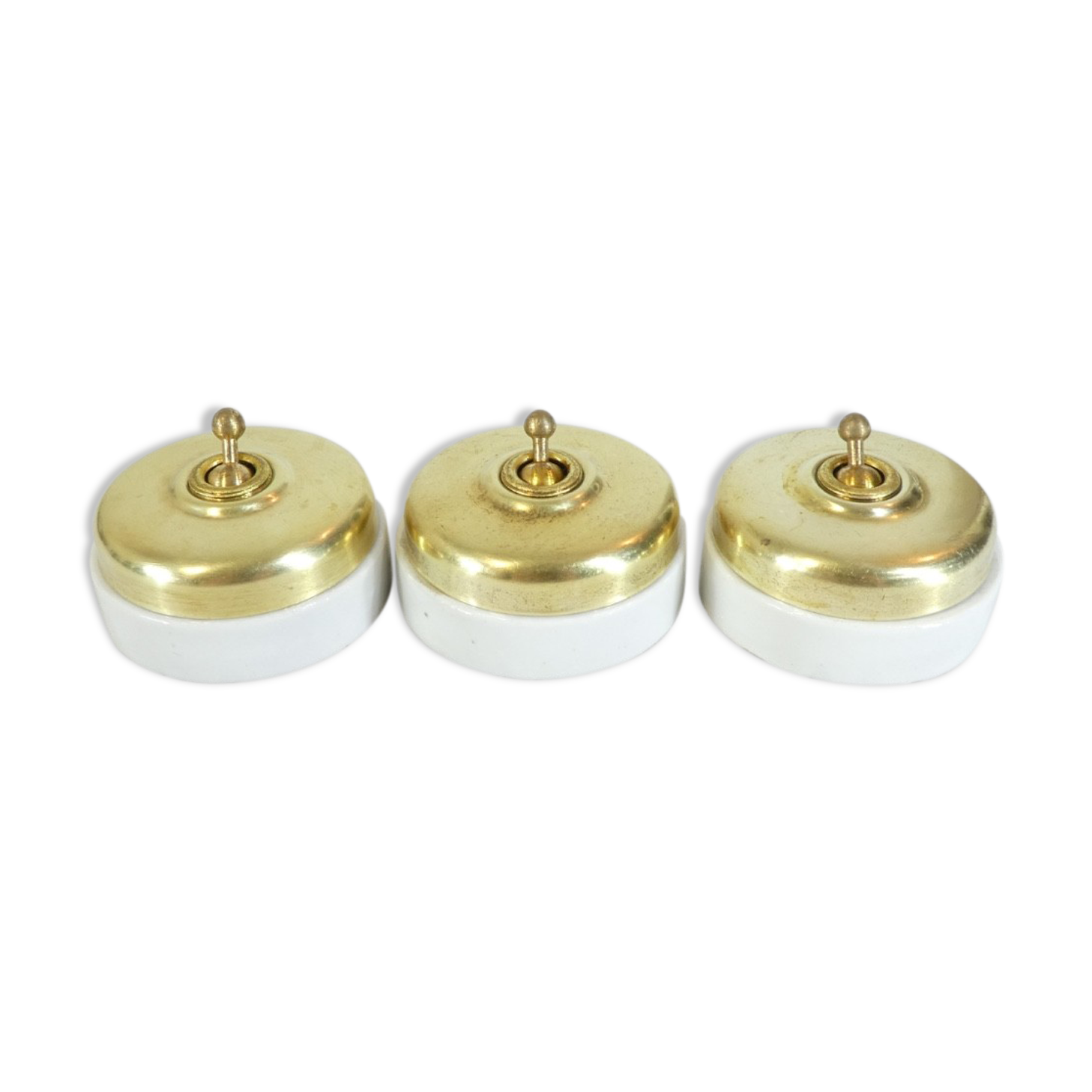 3 Old Porcelain switches and vintage industrial brass