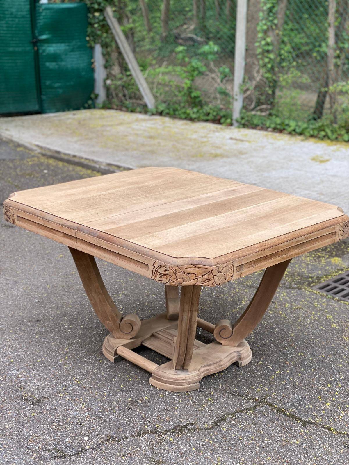 Rectangular Art Deco dining table with a central pedestal, renovated in solid oak.