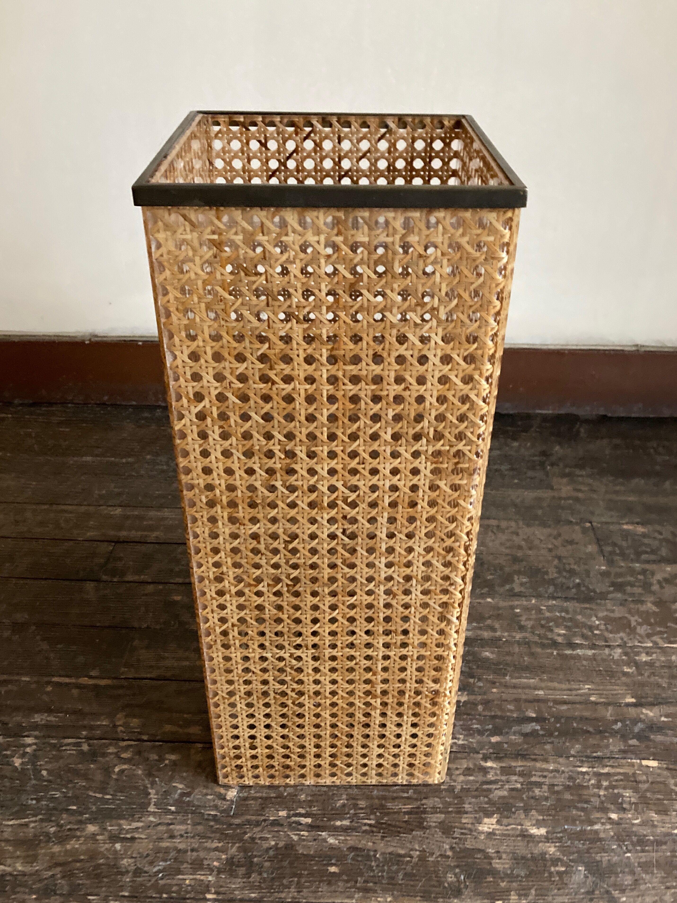1970 wicker and plexiglass wastebasket