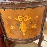 Corner display case in wood veneer with musical instrument marquetry