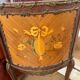 Corner display case in wood veneer with musical instrument marquetry