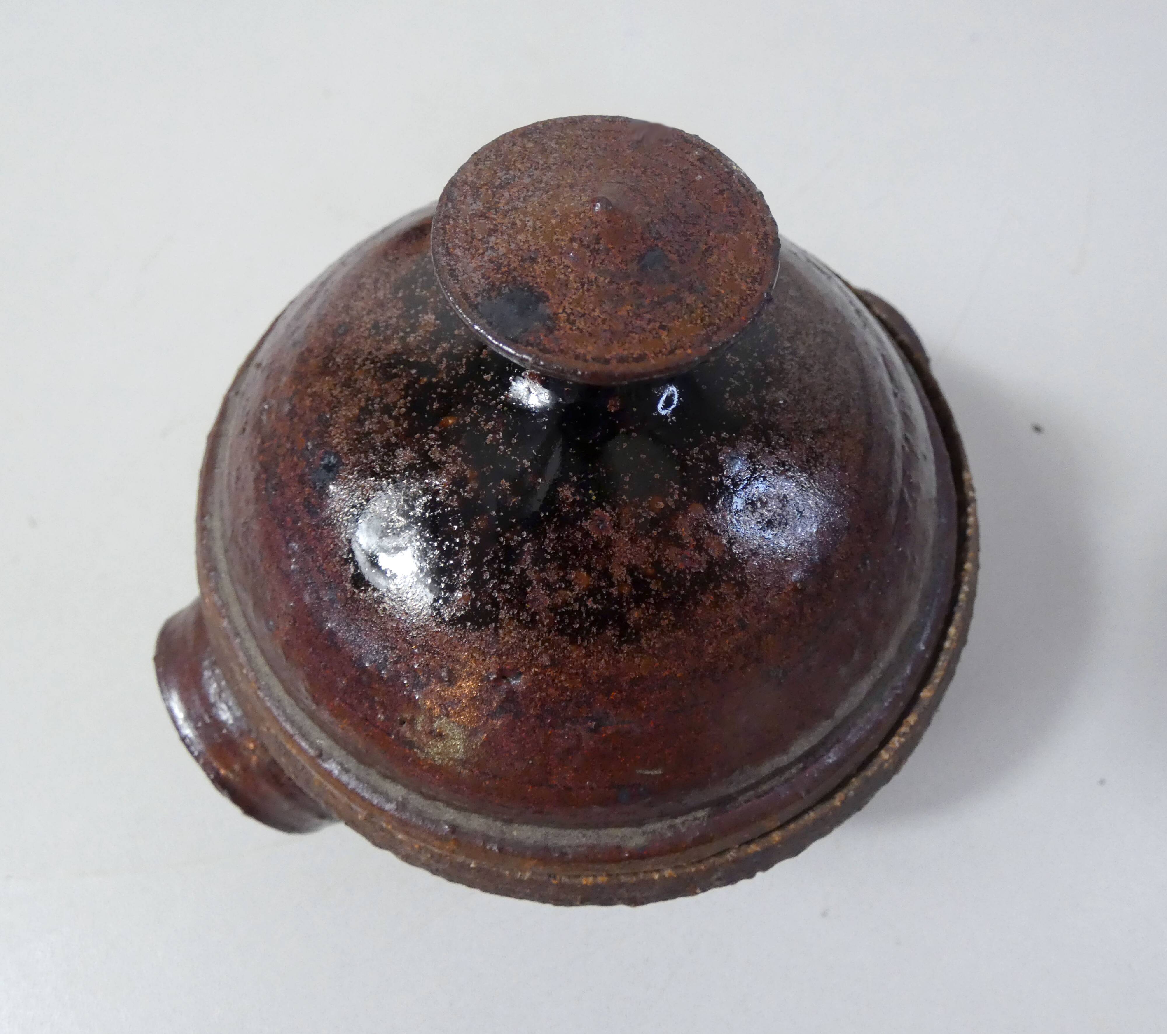 coffee service in iridescent stoneware cups and vintage sugar bowl