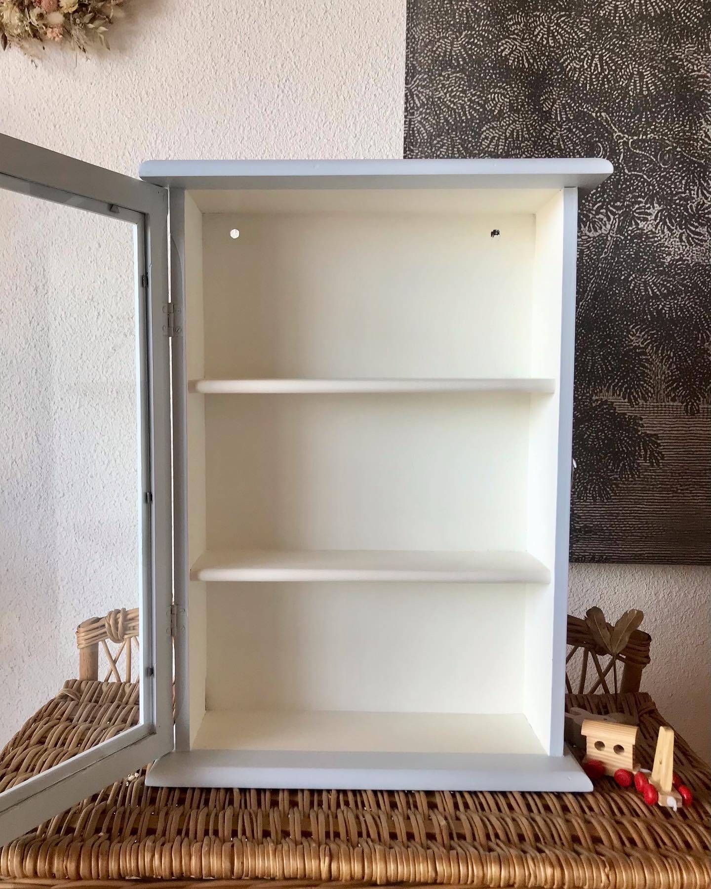 Small vintage wall display case revisited in sky blue