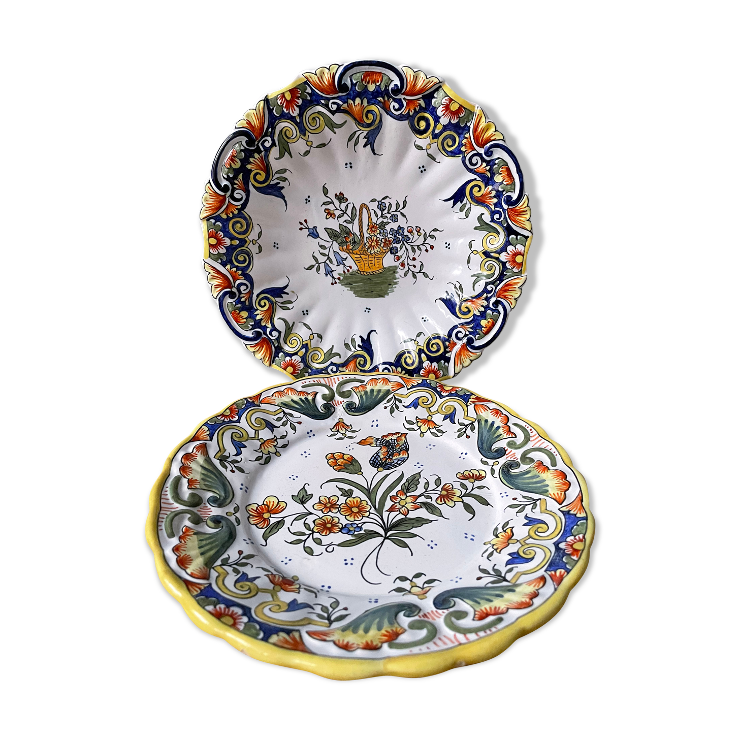 Set of 2 decorative plates in Rouen earthenware