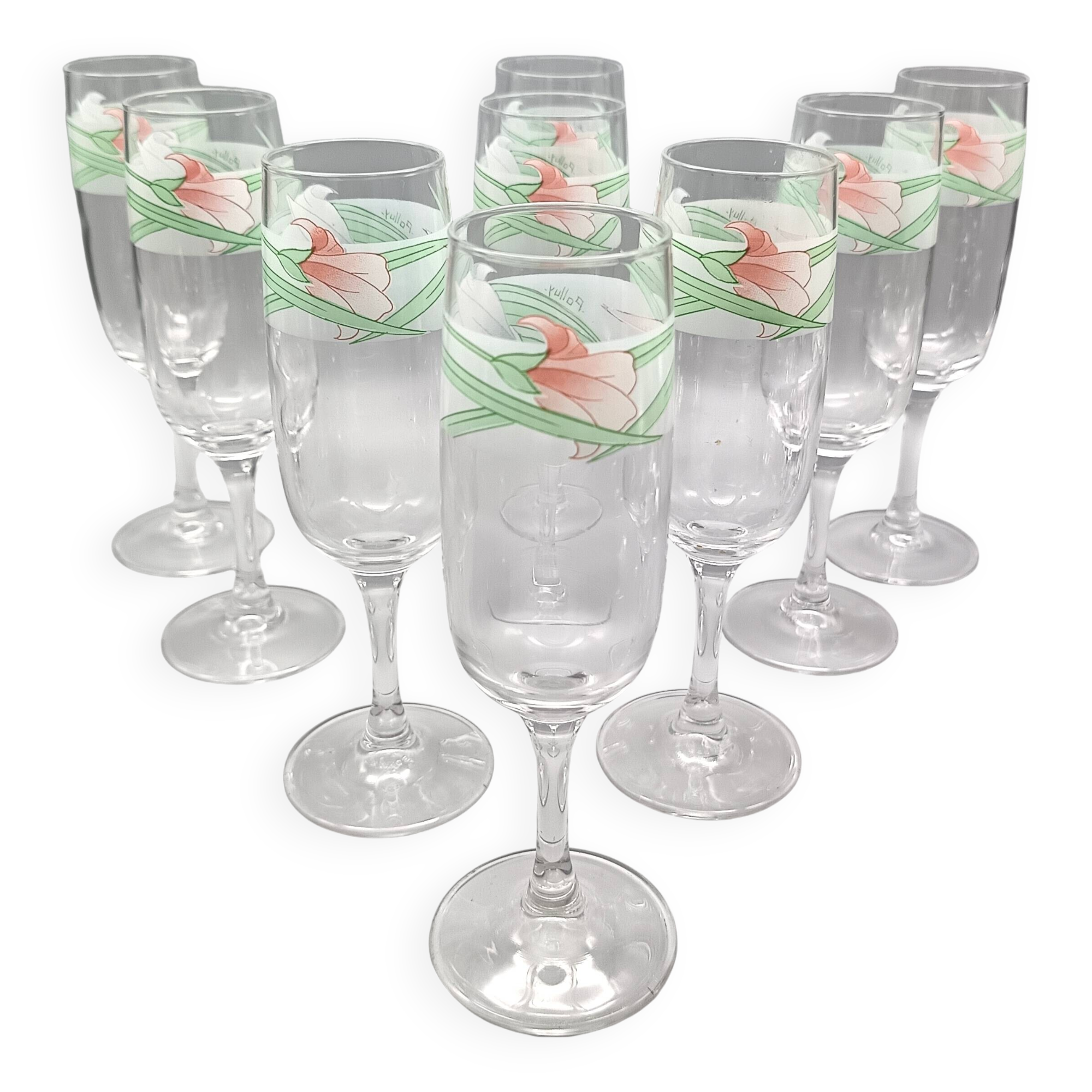 11 luminarc champagne flutes with vintage palluy motif