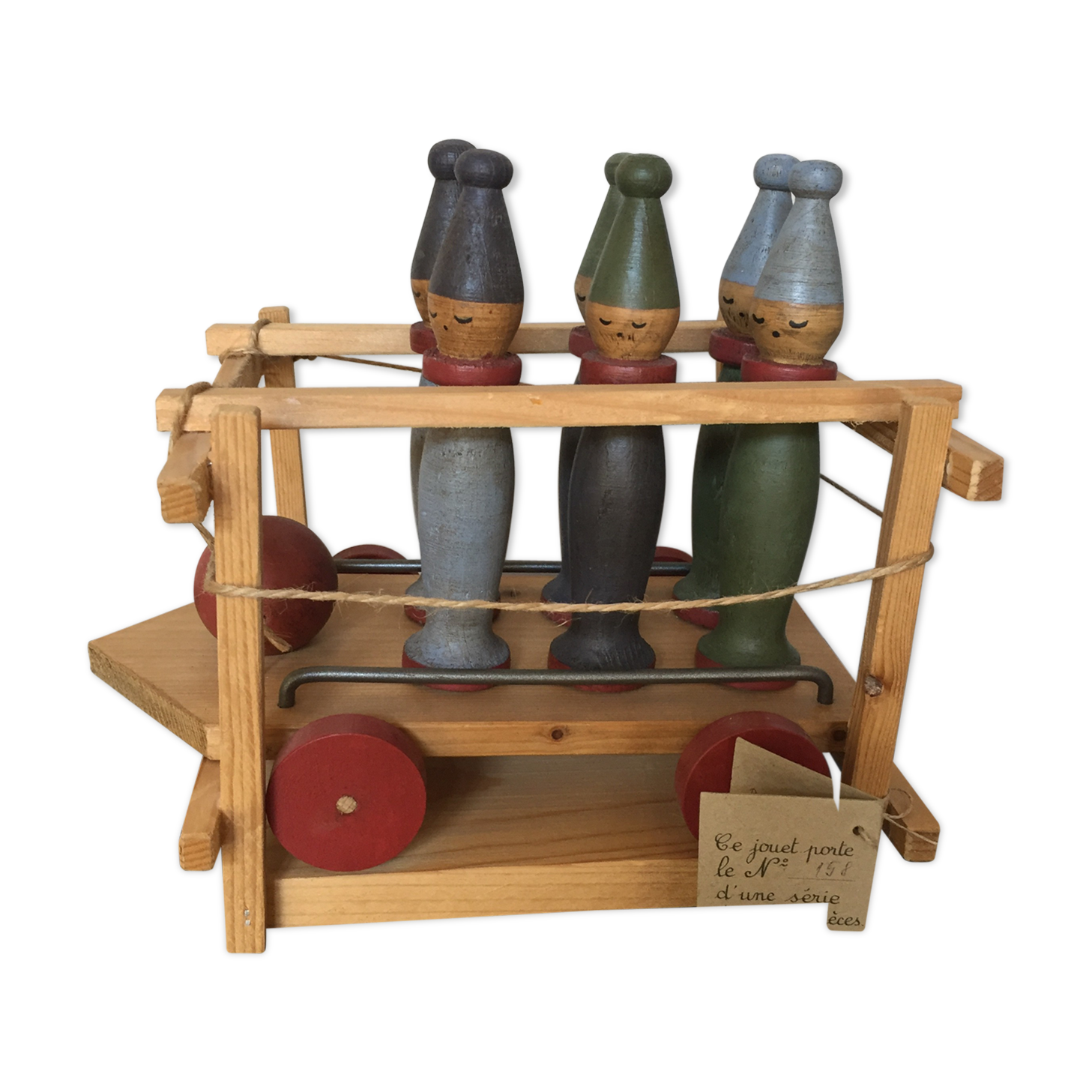 Set of Moulin Roty brand wooden bowling on roller cart, limited series.