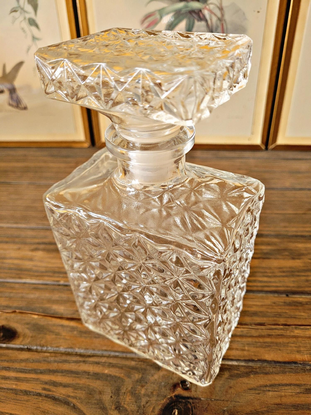 Rectangular whisky carafe made in France with geometric patterns.