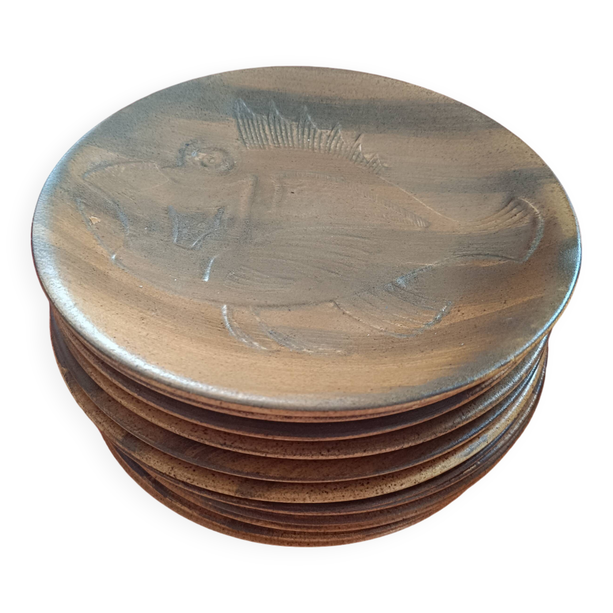 12 stoneware dinner plates in shades of beige and brown. Chantilly, France. Fish motif.