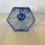 Octagonal blue molded glass candle holder