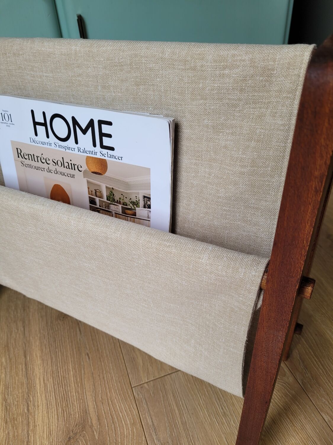Scandinavian magazine rack exotic wood and linen