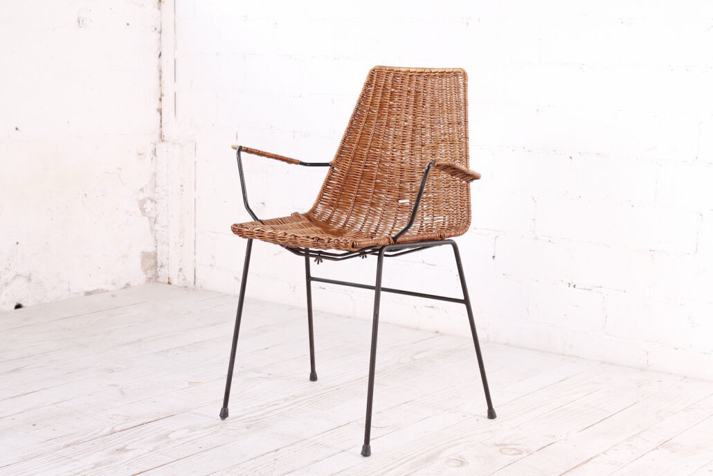 Vintage wicker chair with armrests from the 1960s
