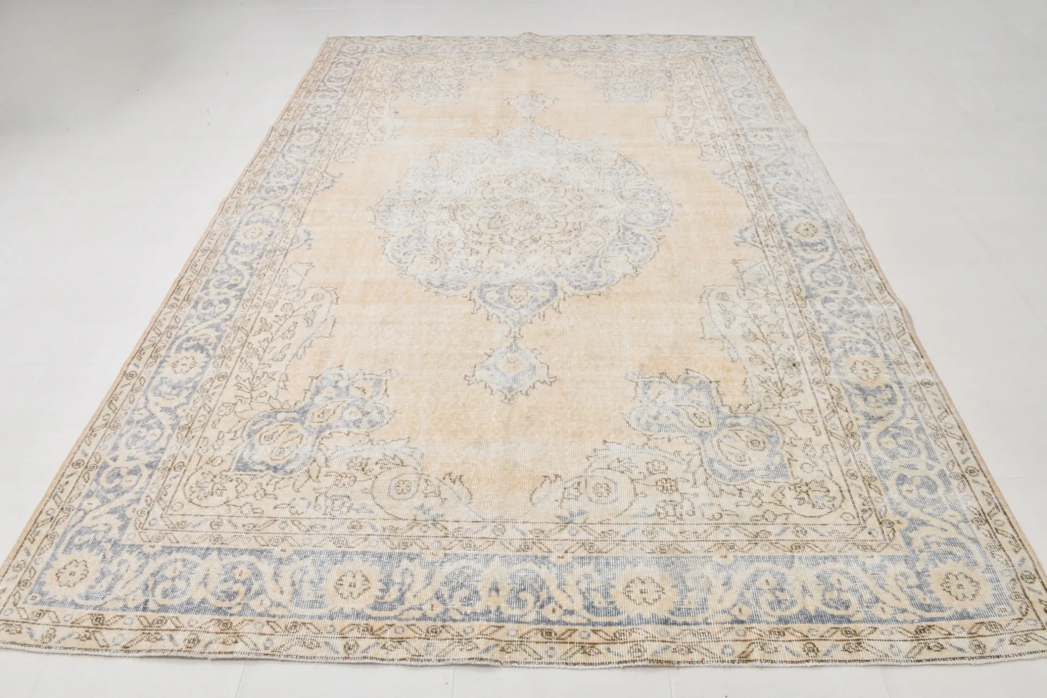 Turkish Pale Yellow & Pale Blue Vintage Rug, Oriental Pattern Wool Carpet
