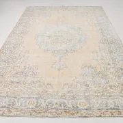 Turkish Pale Yellow & Pale Blue Vintage Rug, Oriental Pattern Wool Carpet