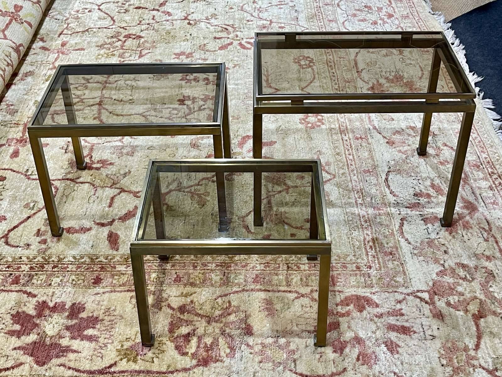 Set of 3 brass nesting tables by Guy Lefevre for Maison Jansen