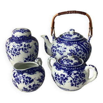 Japanese cobalt blue teapot in eggshell porcelain - tea pot, sugar bowl, milk pot