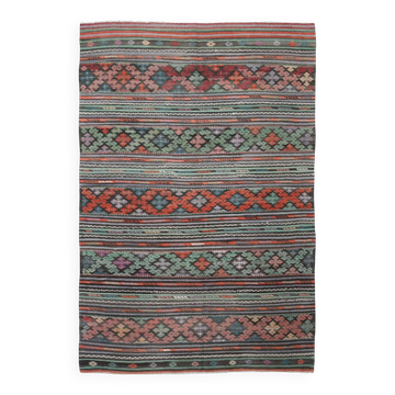 Tapis Kilim Vintage Motifs Ethniques Vert et Rouge, 180x271 Cm