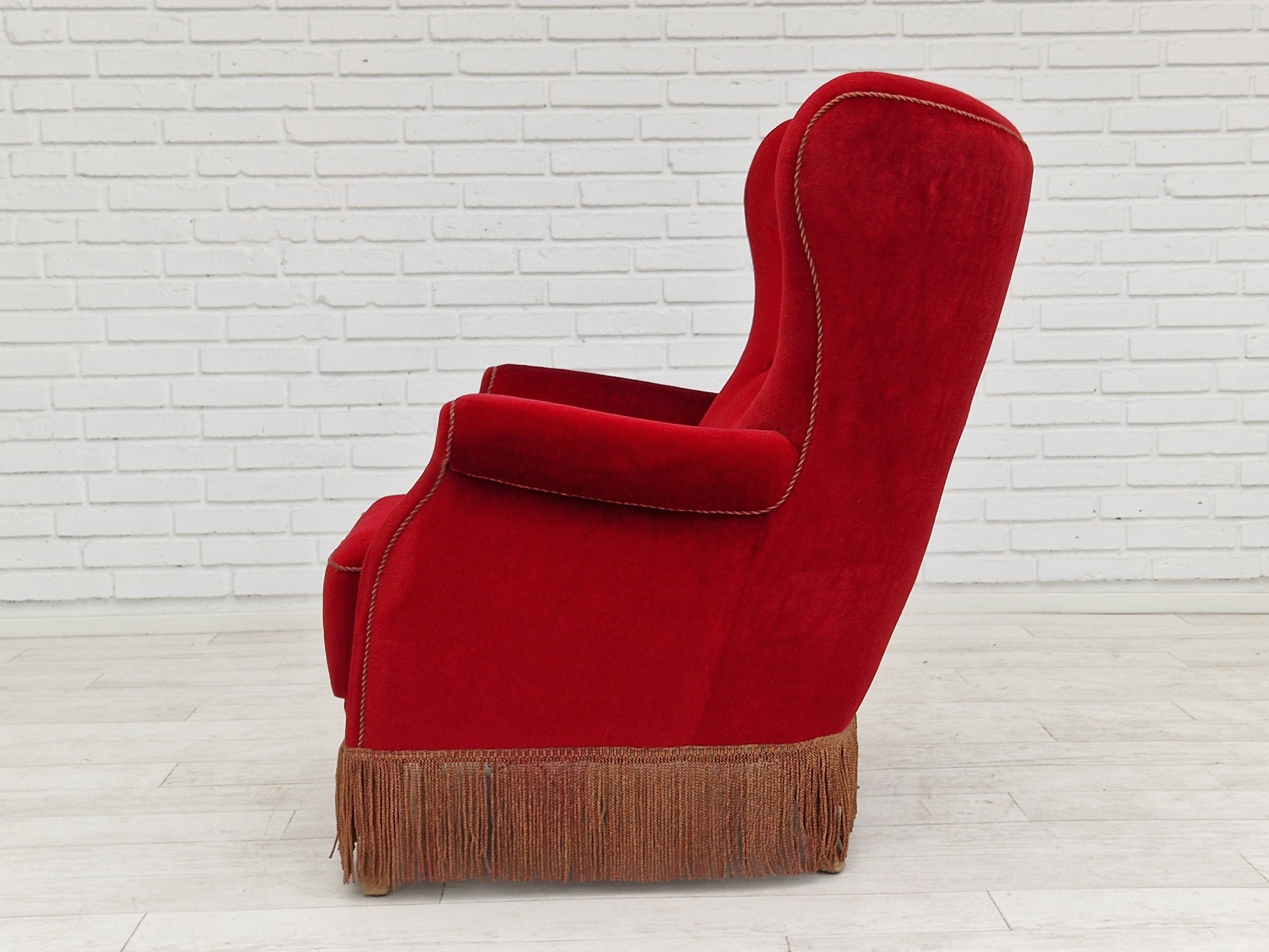 1960s, danish high back vintage armchair in cherry-red velour