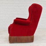 1960s, danish high back vintage armchair in cherry-red velour