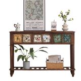 American Solid Wood Console Table with Retro Pattern, Vintage Hallway Table with Drawers and Shelf,