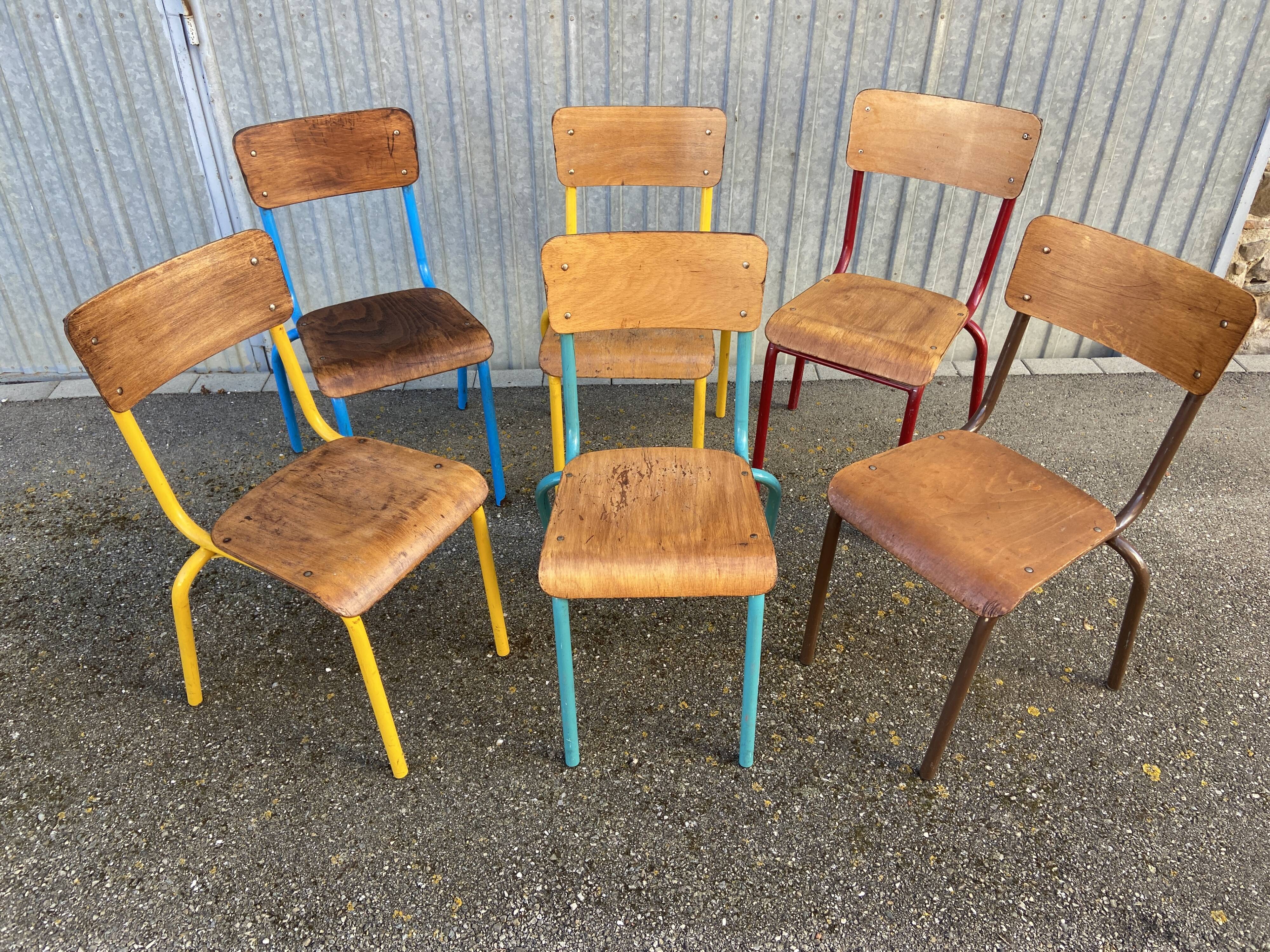 Set of 6 mismatched school chairs multicolor industrial vintage school community mullca dela