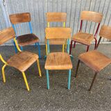 Set of 6 mismatched school chairs multicolor industrial vintage school community mullca dela