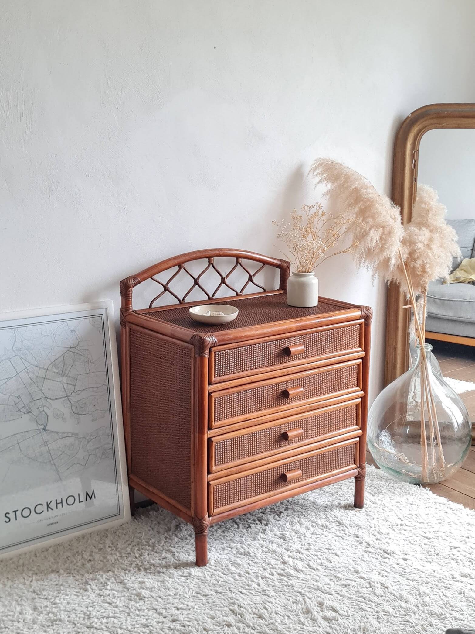 Rattan chest of drawers from the 1970s.