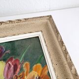 Tableau peinture ancienne huile sur panneau bouquet de fleurs tulipes