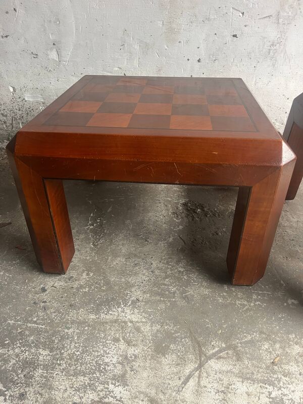 Paire de tables d'appoint années 1970 en parquet à damier — Bois brun noyer chaleureux, motif géométrique