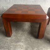 Pair of 1970s Checkered Parquet Side Tables — Warm Walnut Brown Wood, Geometric