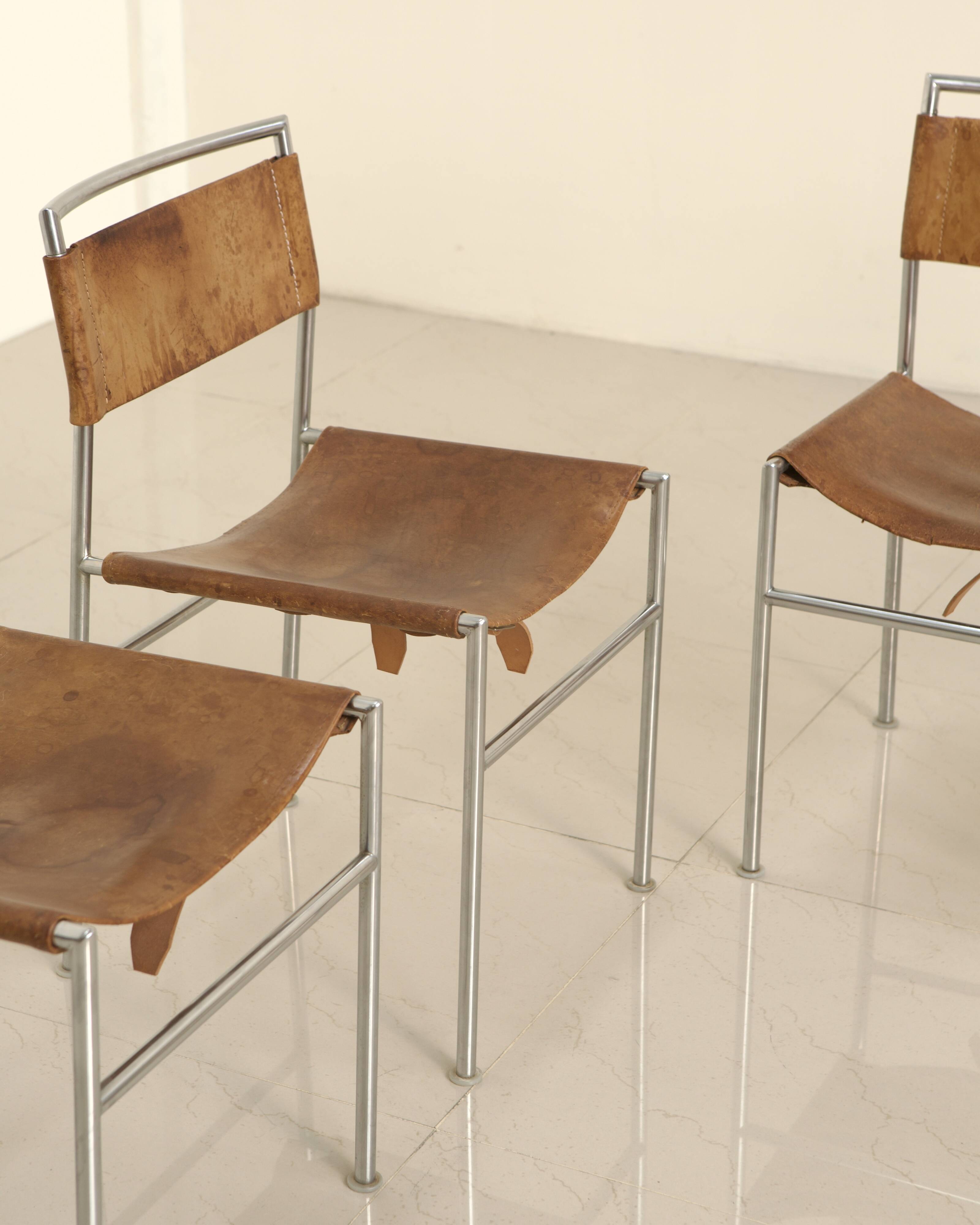 Set of 4 cognac leather chairs DLG Martin Visser 60's