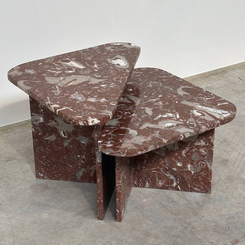 Set of 2 Belgian Rouge Griotte marble coffee tables, vintage postmodern nesting
