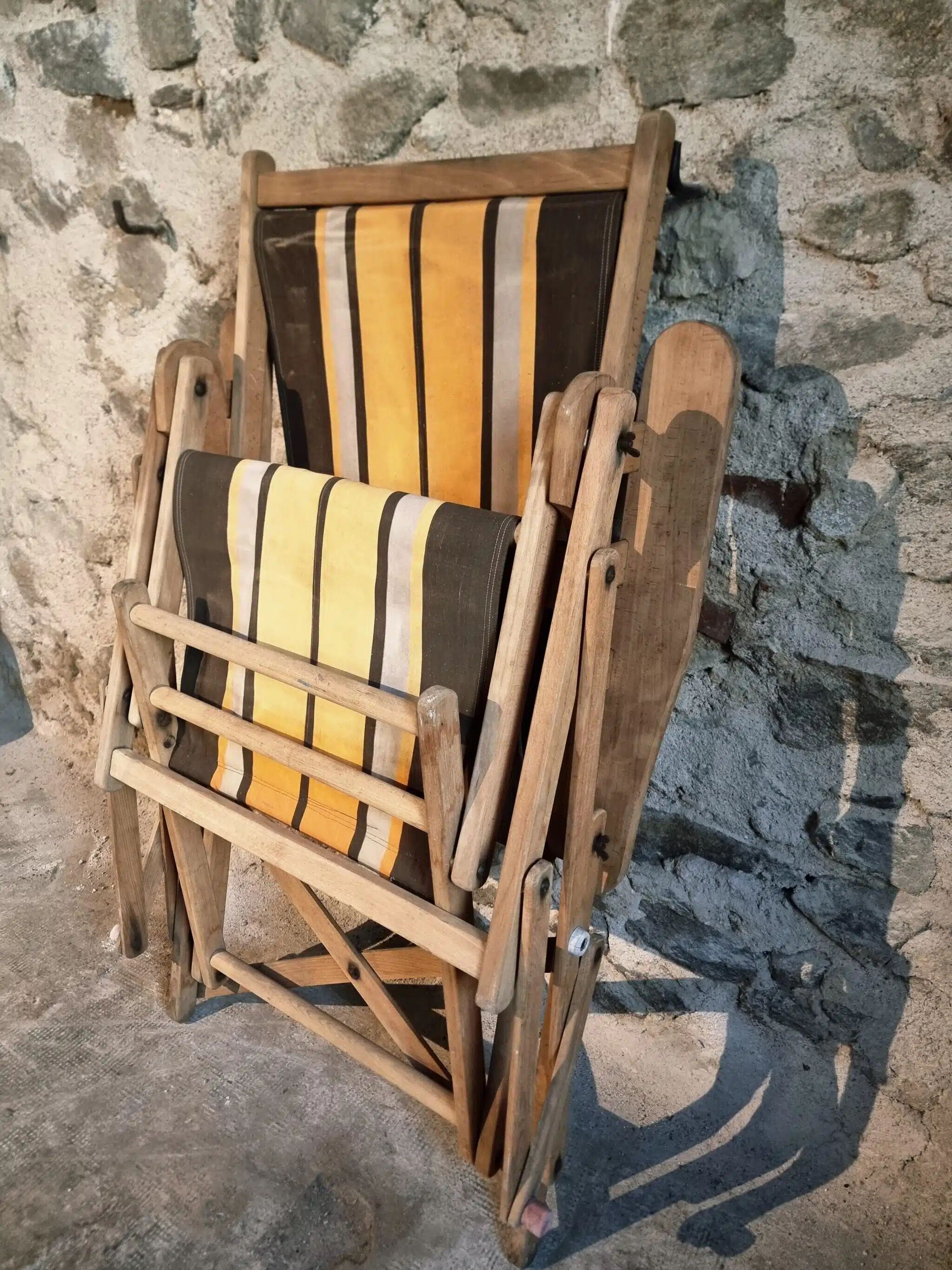 Vintage French folding lounge chair – 1950s/60s in beech with striped canvas, adjustable recliner