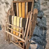 Vintage French folding lounge chair – 1950s/60s in beech with striped canvas, adjustable recliner