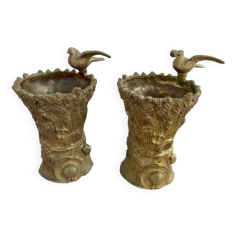 Pair of vases, solid bronze, gilded, early 20th century work, dove decoration, sheaf of wheat, art
