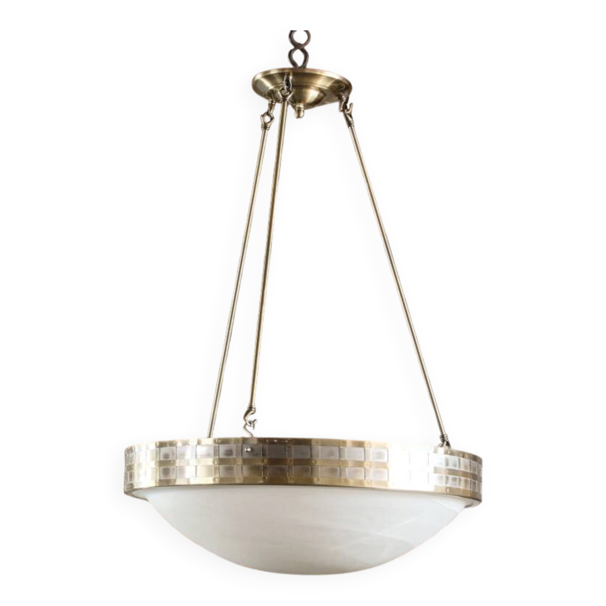 Large suspension art deco style, glass, aged brass finish.