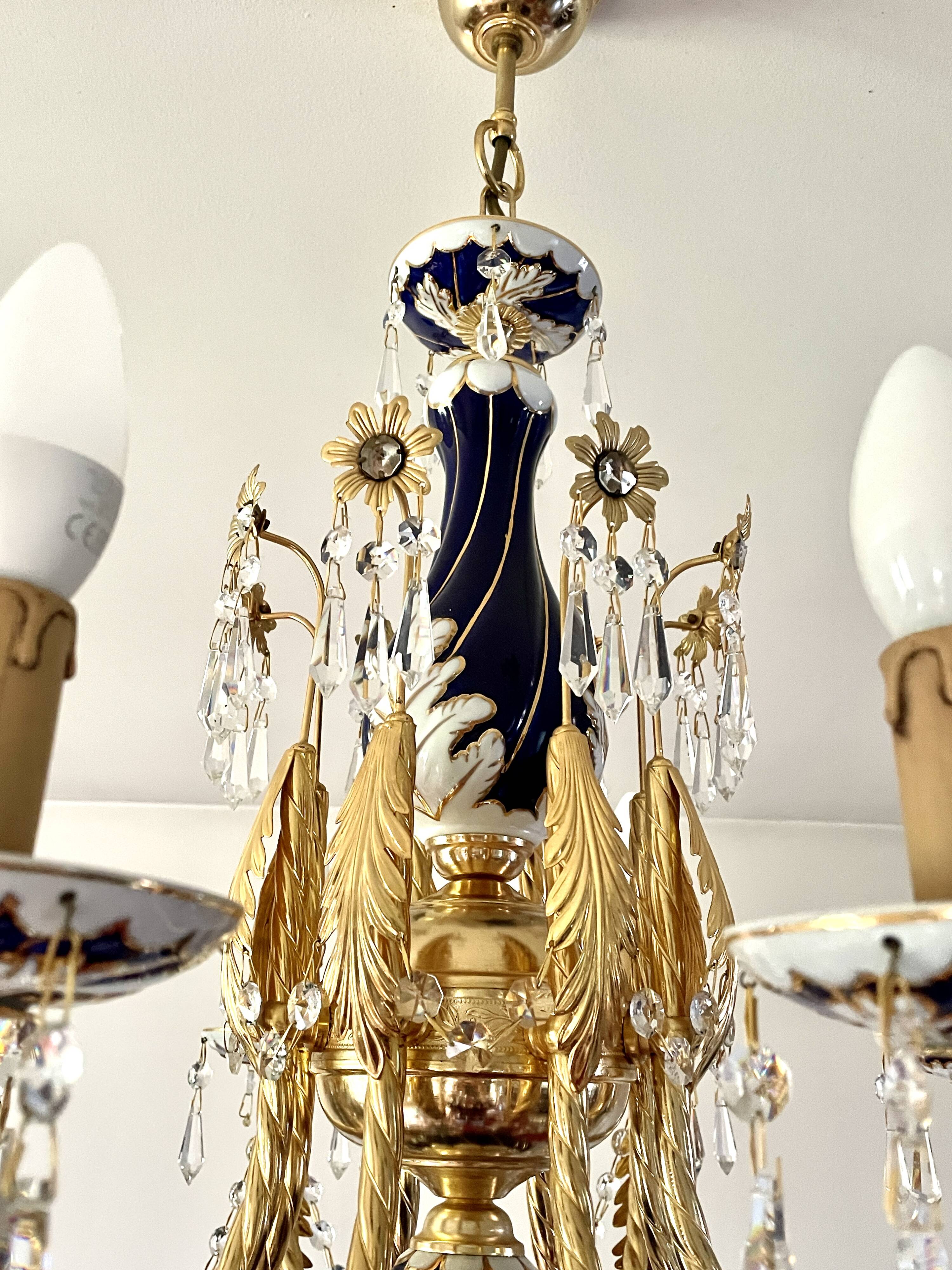 Large Russian chandelier in blue ceramic and crystal pendants, mid-20th century