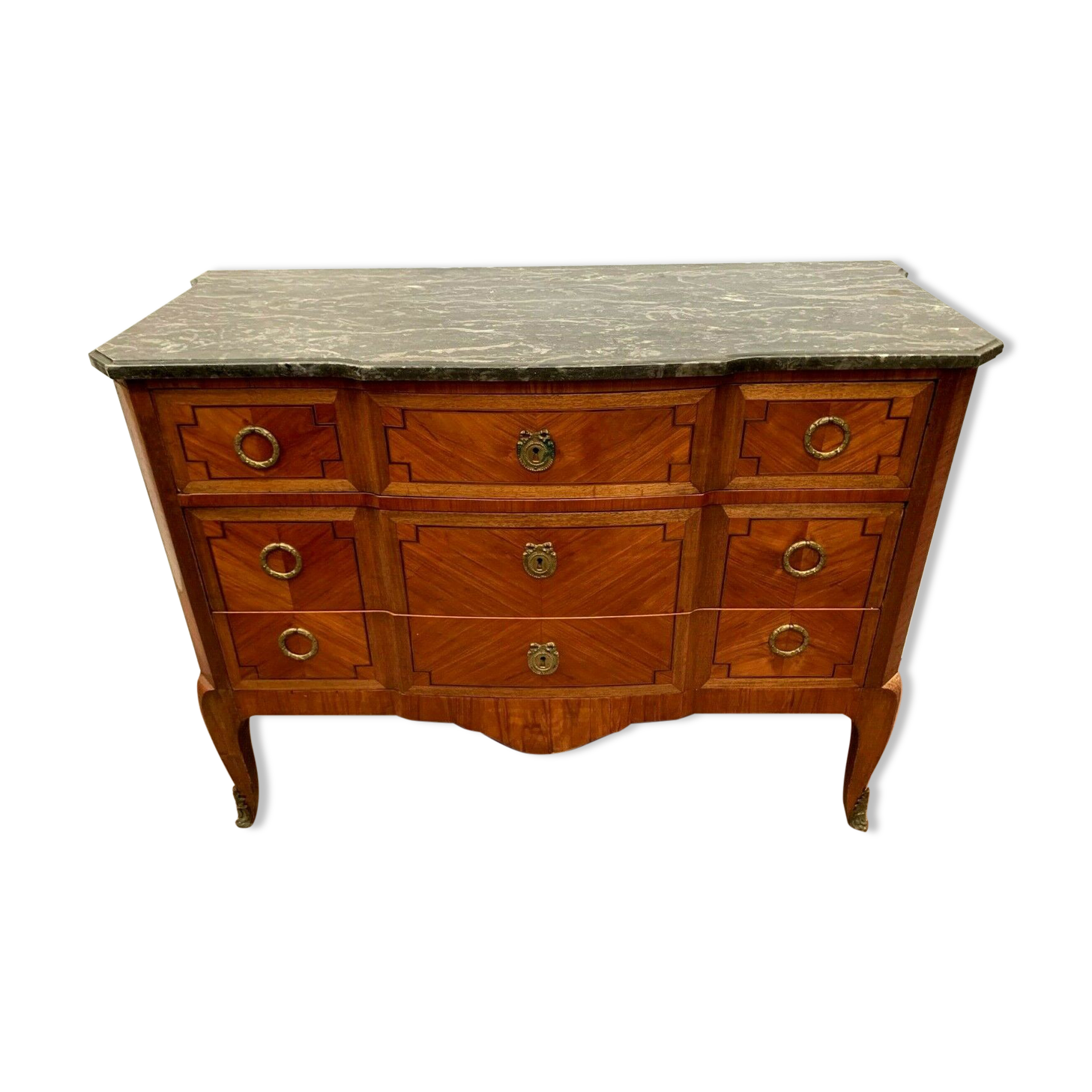 Transition style chest of drawers in rosewood and amaranth veneer, 20th century