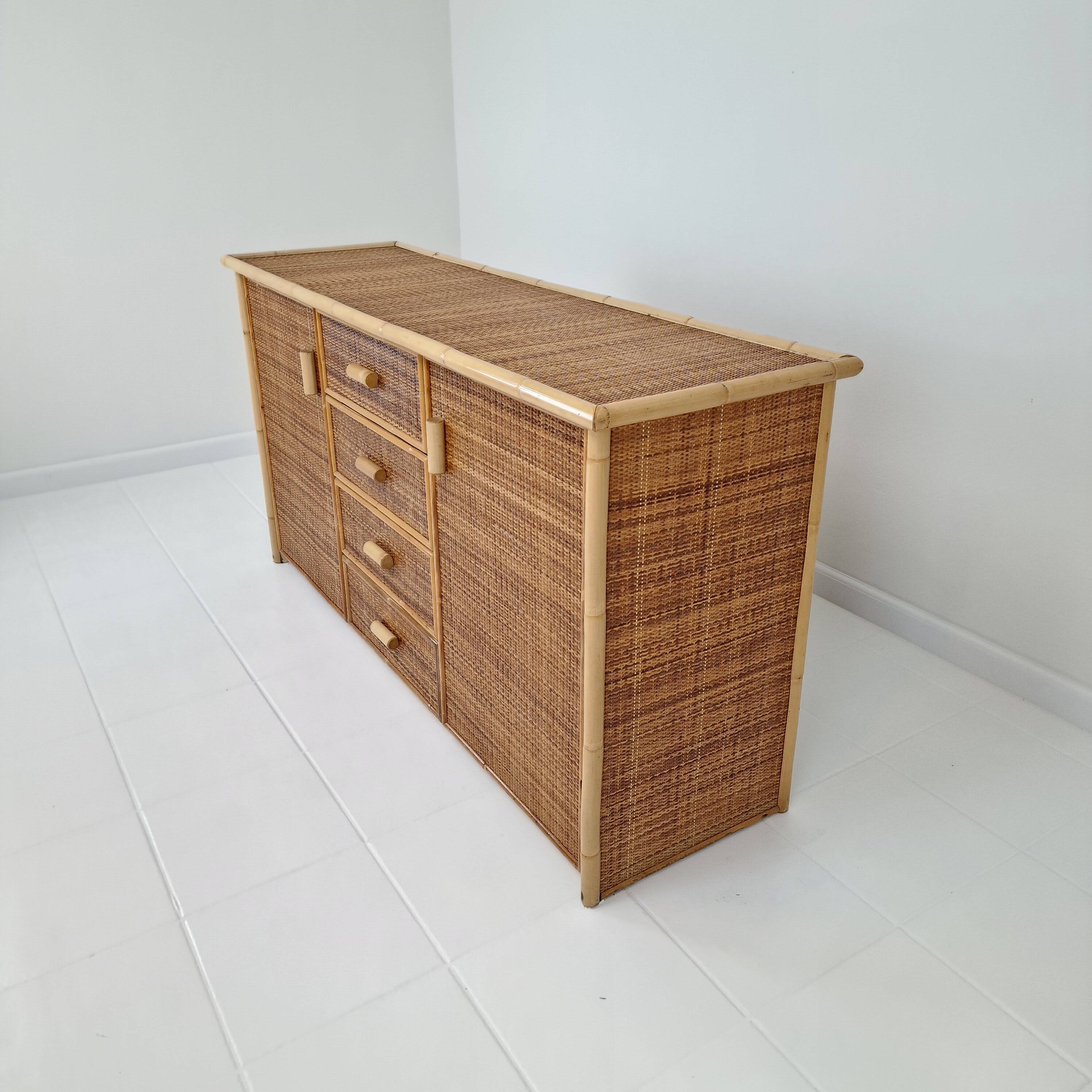 Italian Bamboo and Rattan Chest of Drawers or Credenza, 1980s