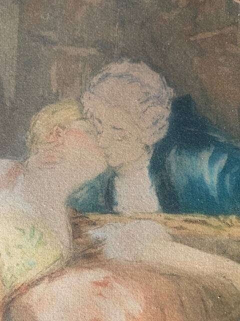 Old romantic engraving, gallant scene from the 19th century, signed, numbered, 1921