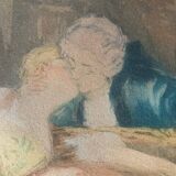 Old romantic engraving, gallant scene from the 19th century, signed, numbered, 1921