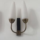 Pair of vintage double wall lights, brass and opaline, France 1950