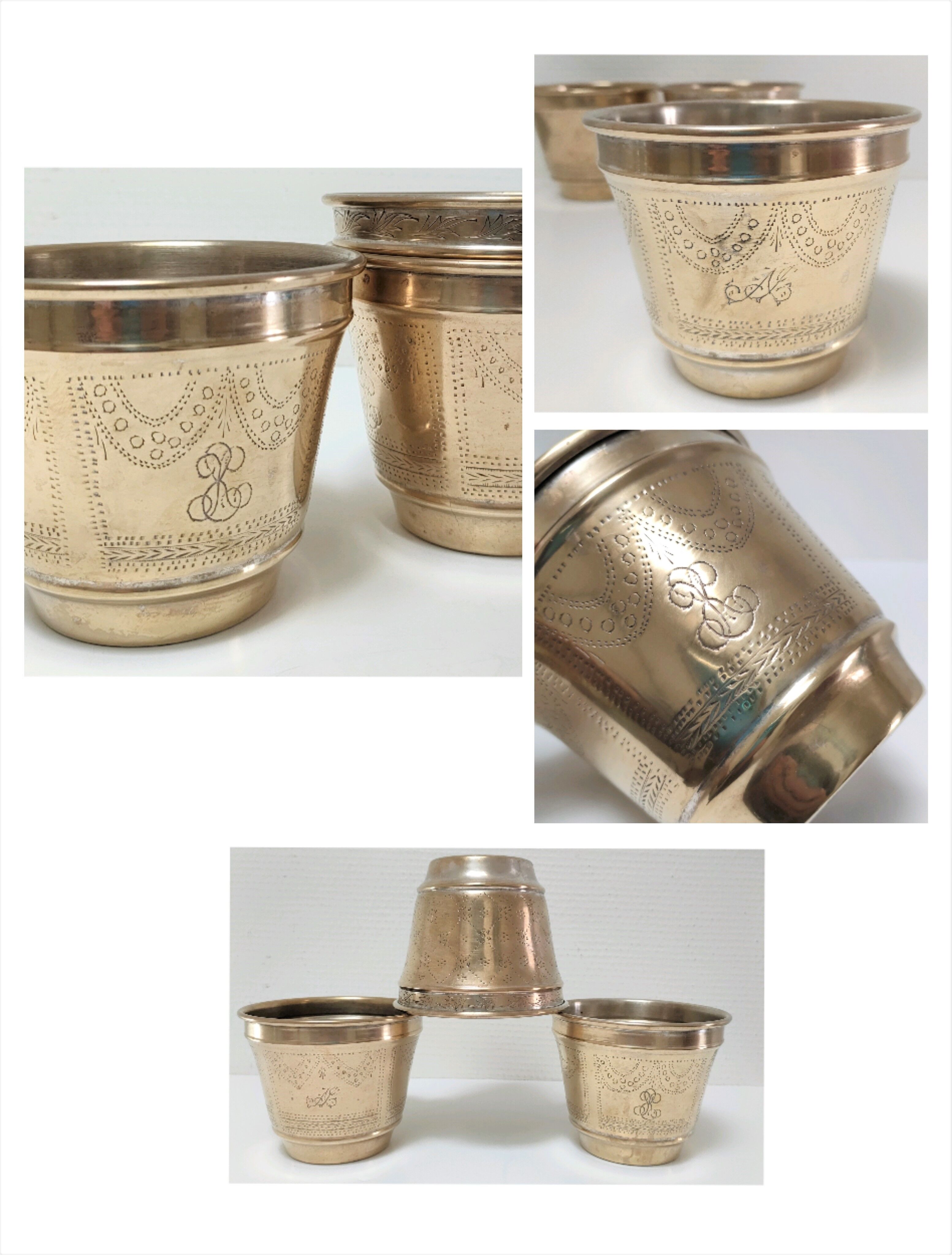 Three pot covers brass silver cover golden patina monogram early twentieth century