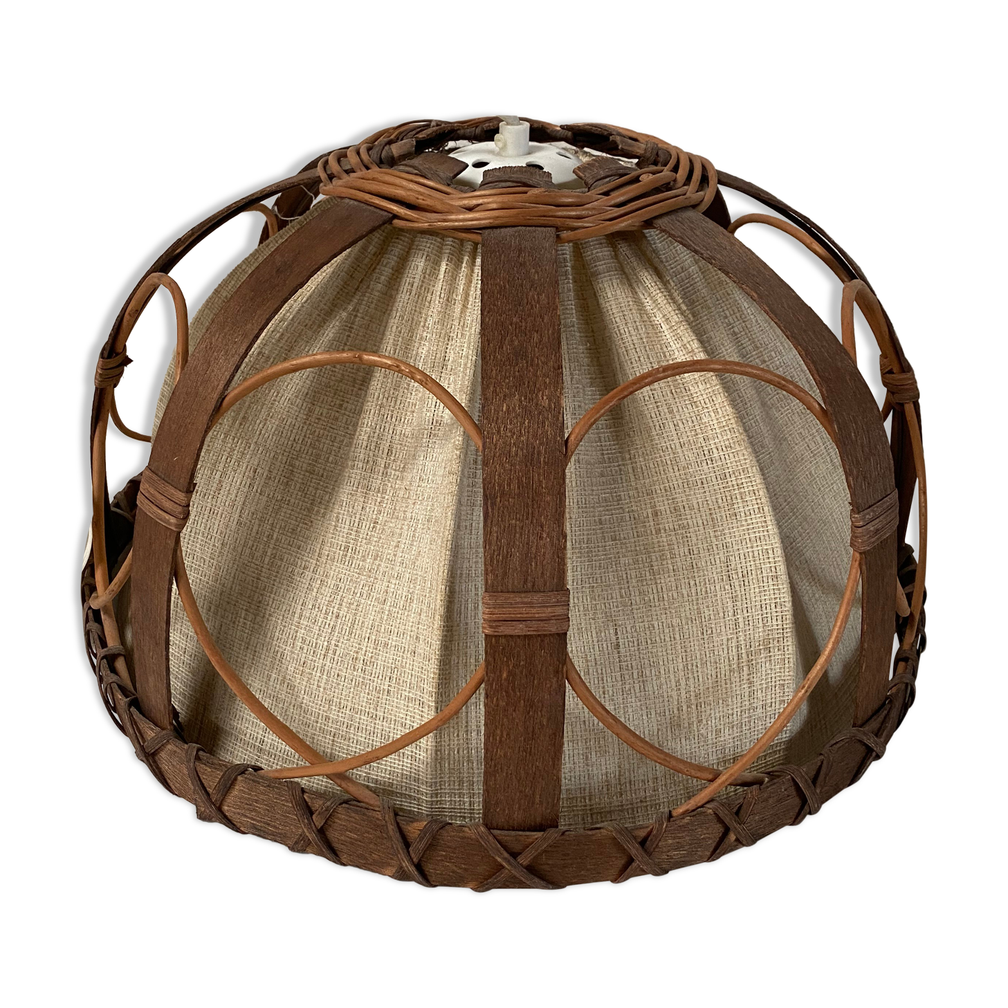 Vintage suspension lamp in rattan and linen