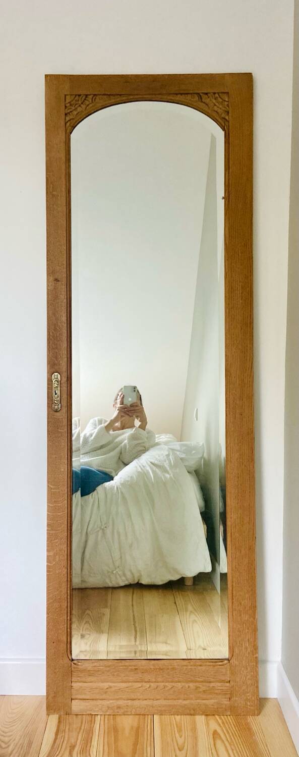 Art Deco bevelled full-length mirror - restored raw oak